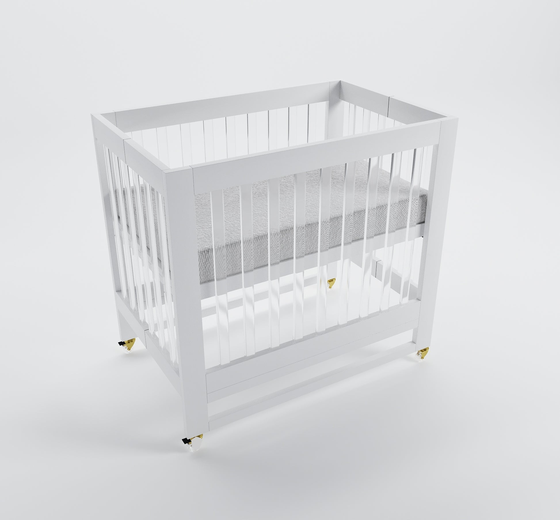 Pure White Acrylic Melo Caress Foldable Mini Crib - Three Quarter View | Bambi Baby