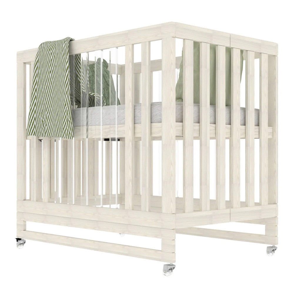 Melo Caress Crib in Washed White/Part Acrylic - Standard Mini Crib Size- Bambi Baby