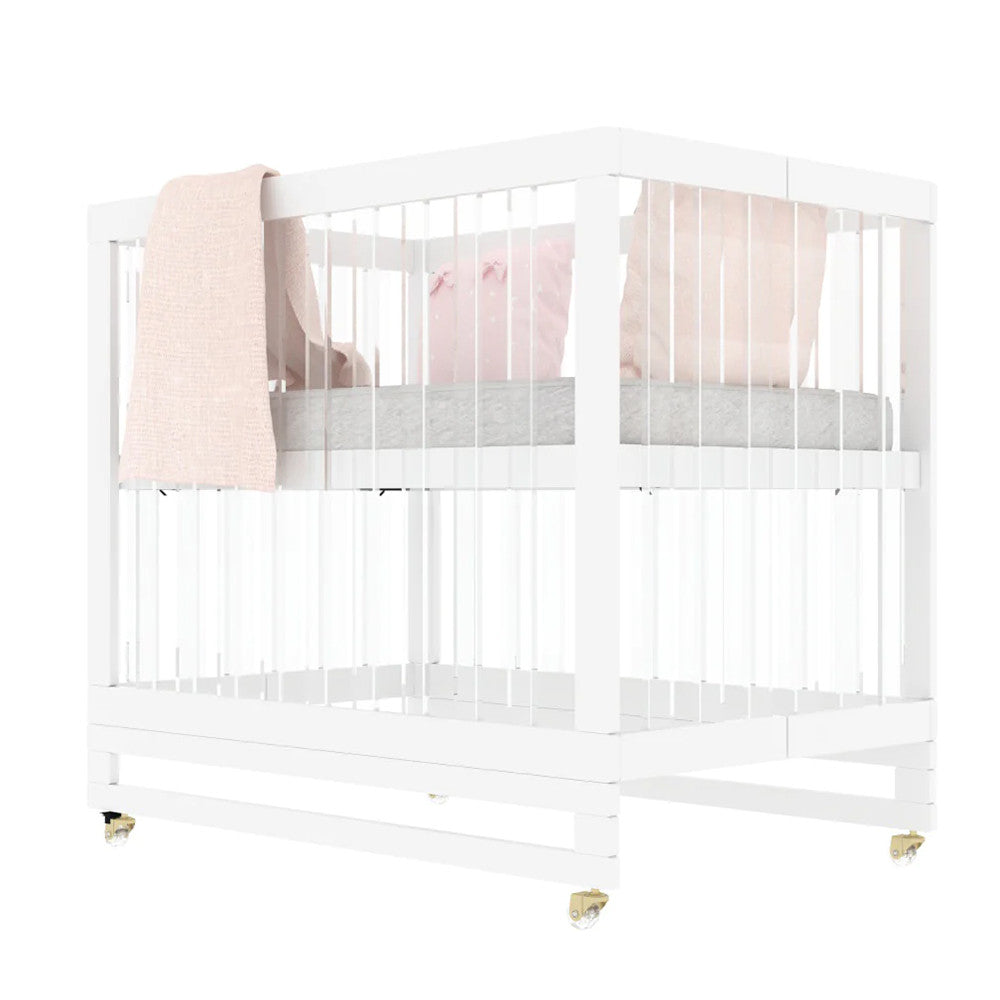 Melo Caress Crib  in White/Gold/Acrylic - Standard Mini Crib Size- Bambi Baby