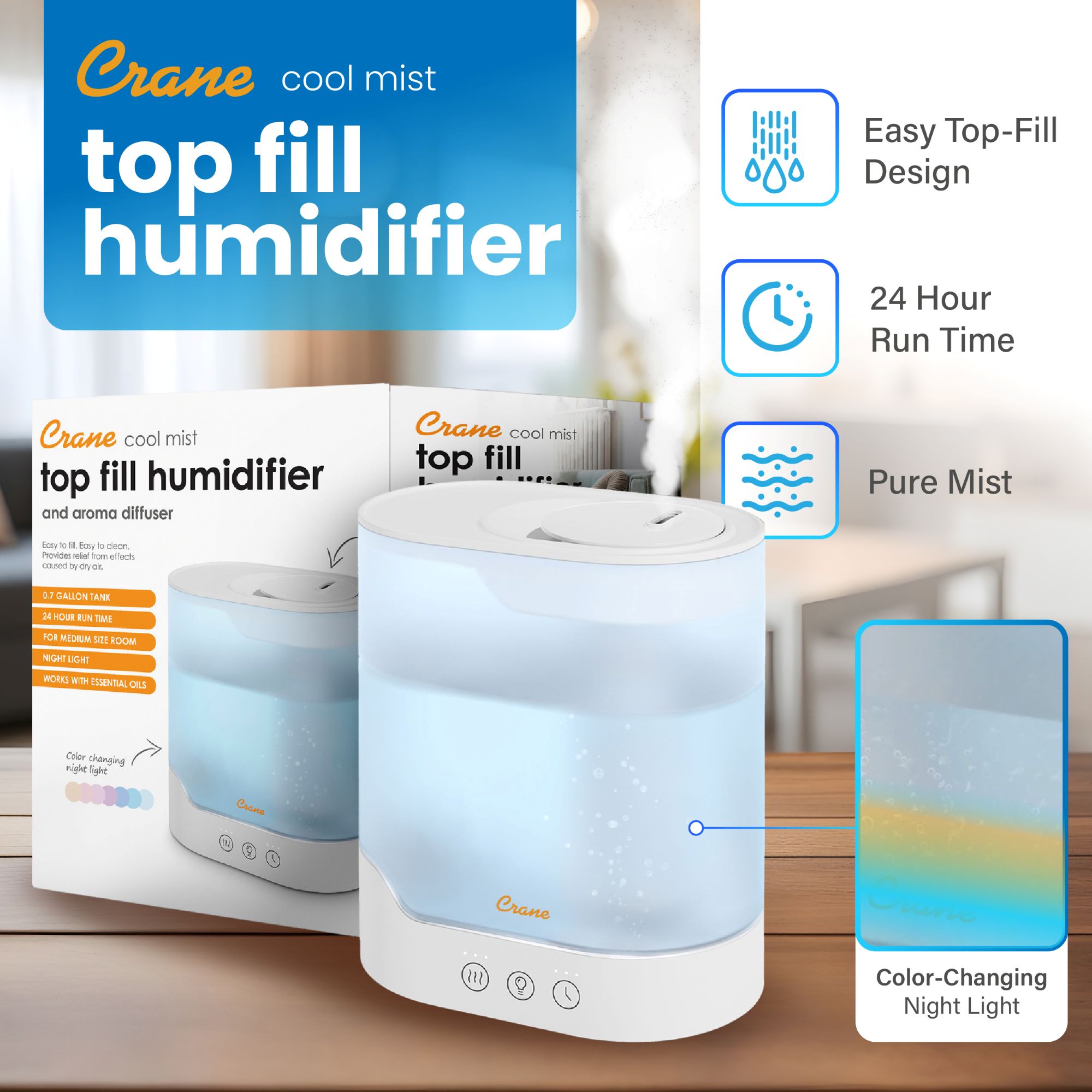 Crane Baby Crane 0.7 Gallon Top Fill Cool Mist Humidifier and Aroma Diffuser - White- Bambi Baby