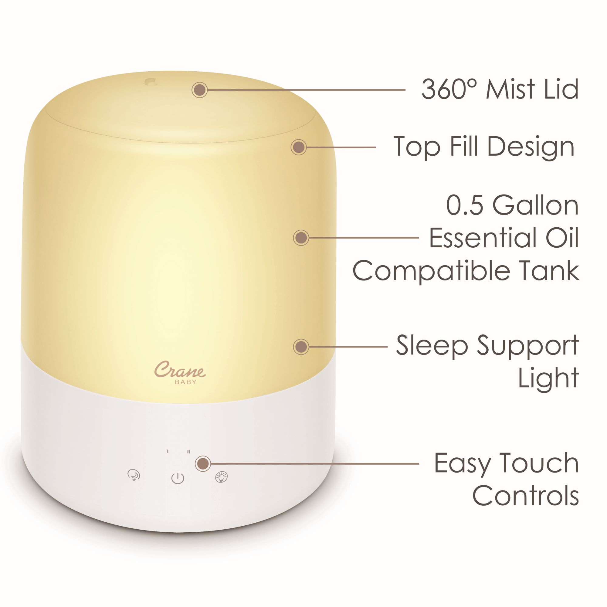 Crane Baby 3-in-1 Compact Humidifier for Baby Nursery | 0.5 Gallon with Sleep Support Light & Aroma Diffuser- Bambi Baby