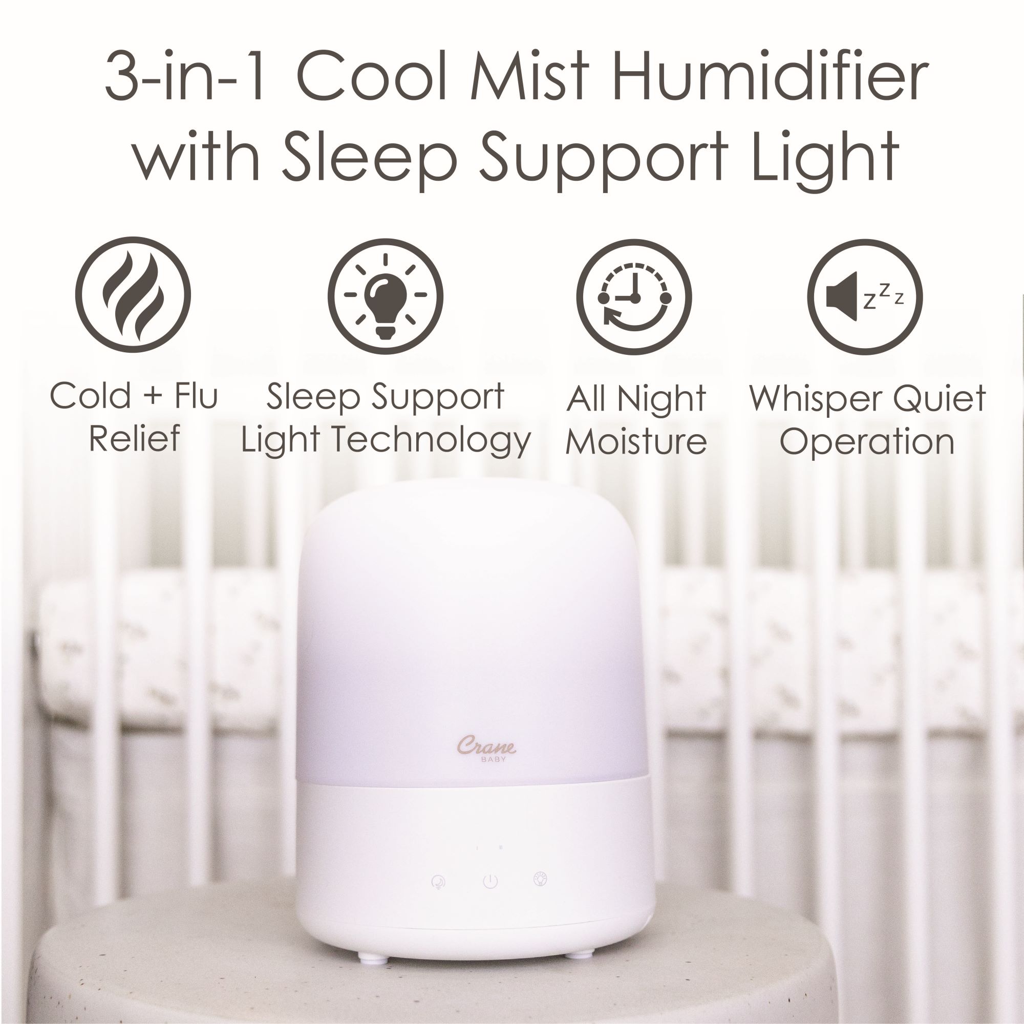 Crane Baby 3-in-1 Compact Humidifier for Baby Nursery | 0.5 Gallon with Sleep Support Light & Aroma Diffuser- Bambi Baby