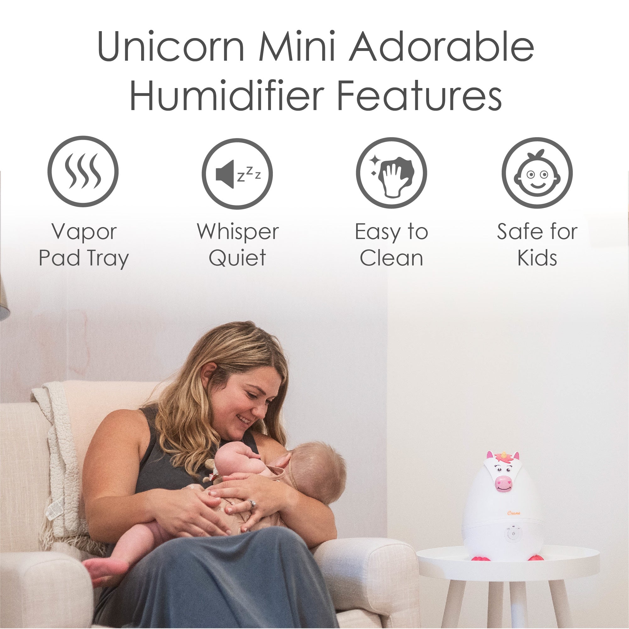 Crane Baby Adorable  - Mini Unicorn - Cool Mist Humidifier, 0.5 Gal. - White- Bambi Baby