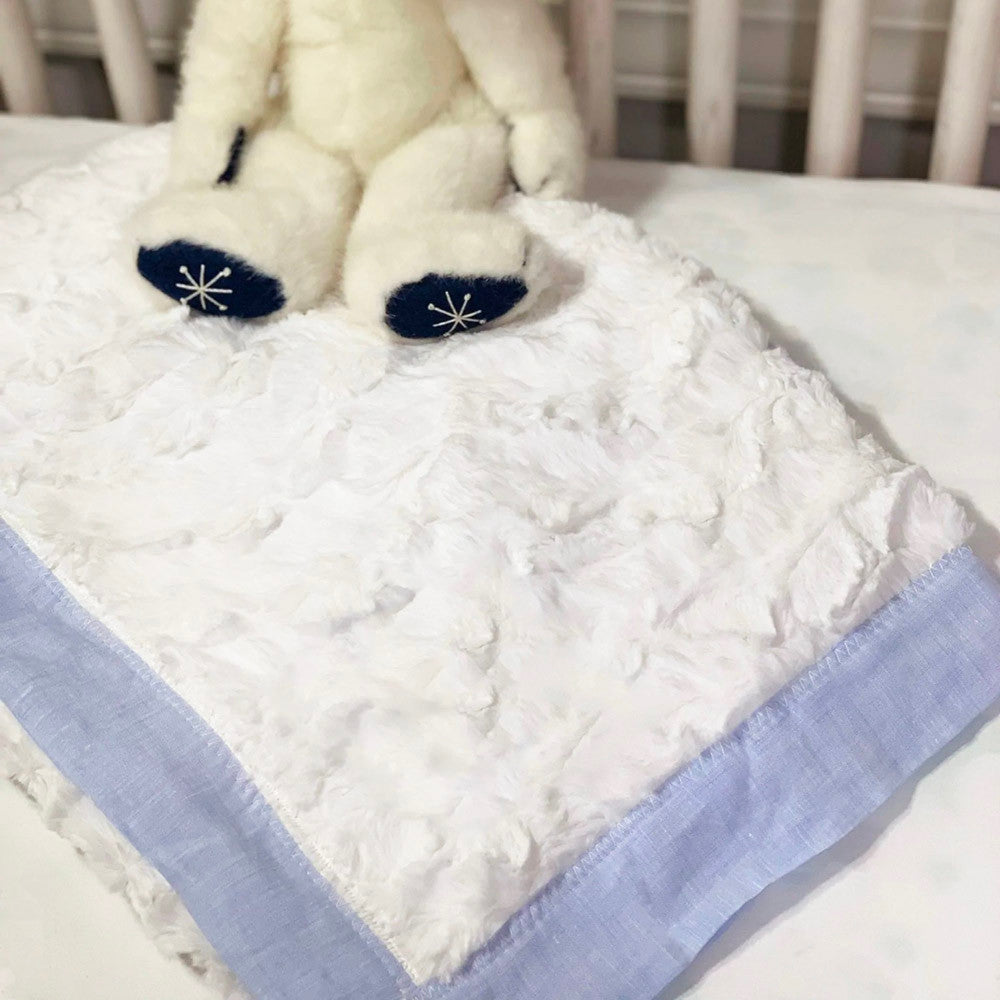 Liz and Roo Faux Fur Blanket - Cream with Light Blue Linen Trim 36x46- Bambi Baby