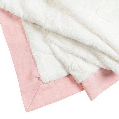 Liz and Roo Faux Fur Blanket - Cream with Petal Pink Linen Trim 36x46- Bambi Baby