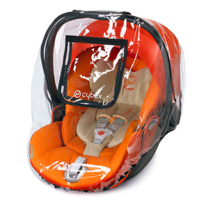 Clear CYBEX Infant Car Seat Rain Cover on Orange Car Seat - Front View | Bambi Baby