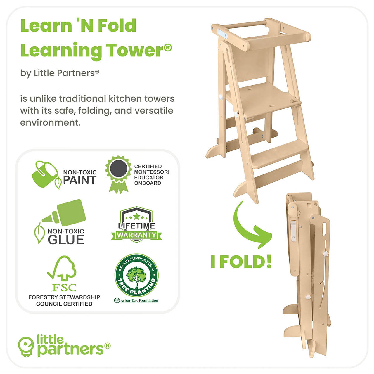 Little Partners Learn 'N Fold Learning Tower - Natural- Bambi Baby