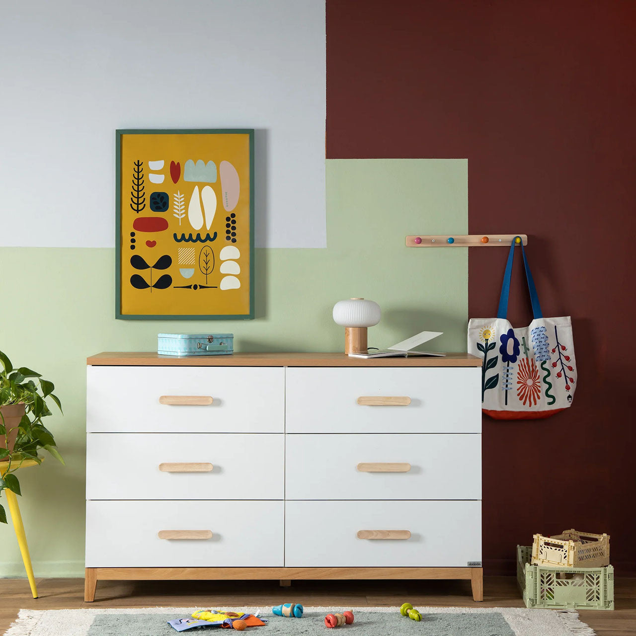 dadada Lala Big 6-Drawer Dresser, White/Red Oak (2 Boxes)- Bambi Baby