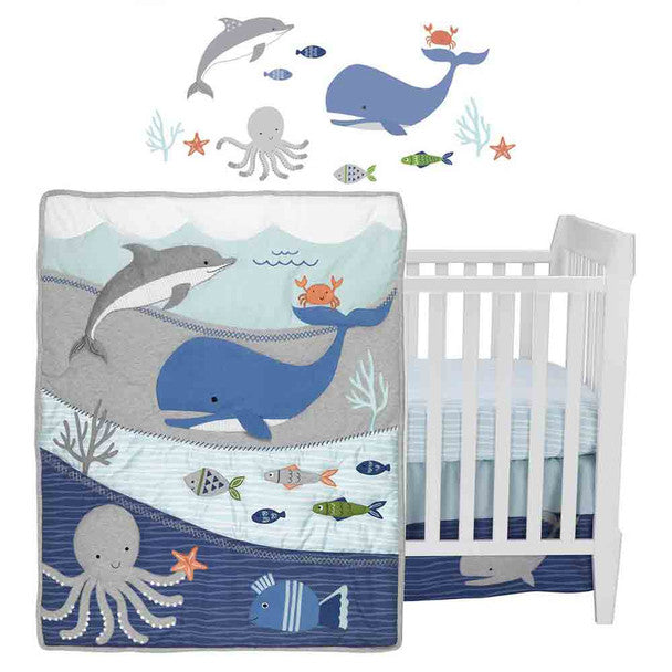 Lambs & Ivy Ocean Blue 4-Piece Bedding Set- Bambi Baby