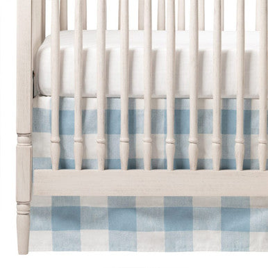 Liz and Roo Cashmere Buffalo Check (light blue) Crib Rail Cover (White Trim)- Bambi Baby