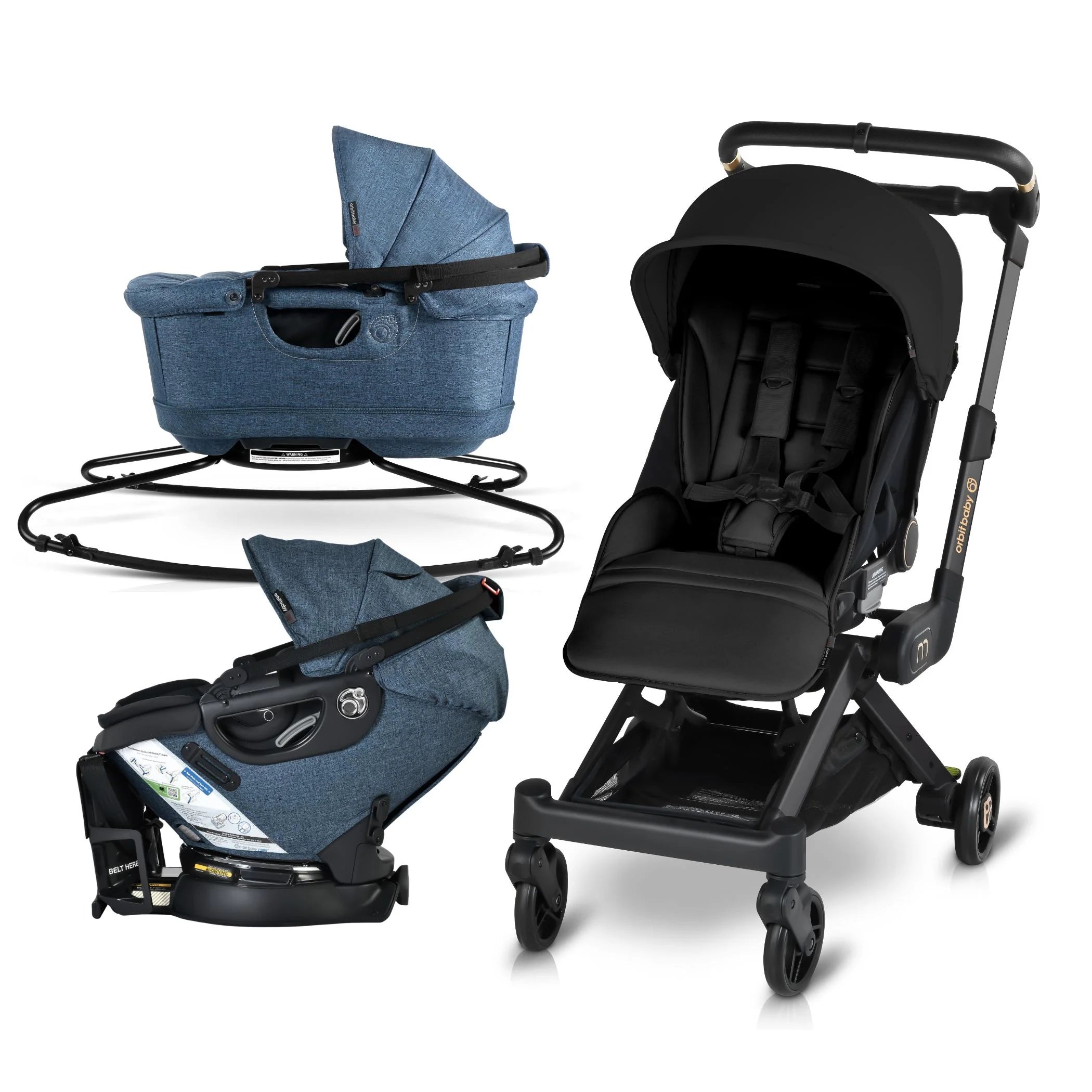 Orbit Baby M+ Stroll, Lounge, & Ride Travel System Black Luxe / Black / Mélange Navy