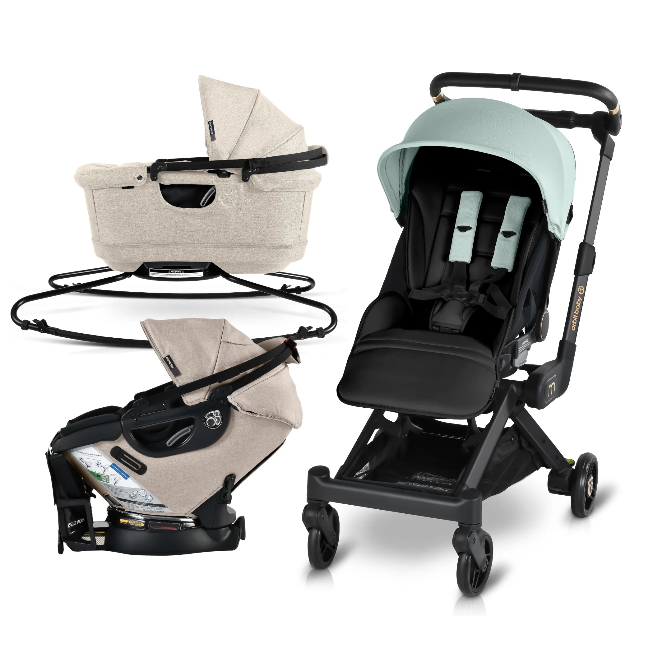 Orbit Baby M+ Stroll, Lounge, & Ride Travel System Black Luxe / Surf Spray / Mélange Flax