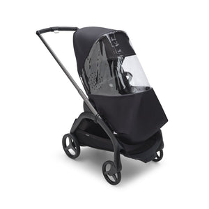 Clear Bugaboo Dragonfly Rain Cover on Black Stroller Seat - Side View | Bambi Baby