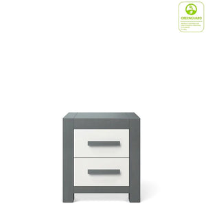 Storm Grey & White Romina Ventianni Nursery Nightstand, Two-Drawer, Front View | Bambi Baby