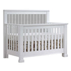 White Natart Taylor 5-in-1 Convertible Crib with Grey Linen Tufted Panel - Front Angle | Bambi Baby