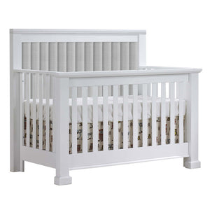 White Natart Taylor 5-in-1 Convertible Crib with Grey Linen Tufted Panel - Front Angle | Bambi Baby