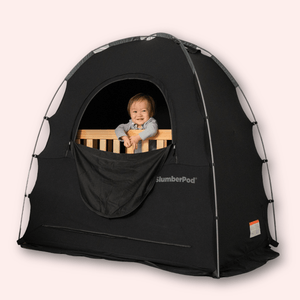 Black SlumberPod Blackout Sleep Tent with Toddler Inside - Front View | Bambi Baby