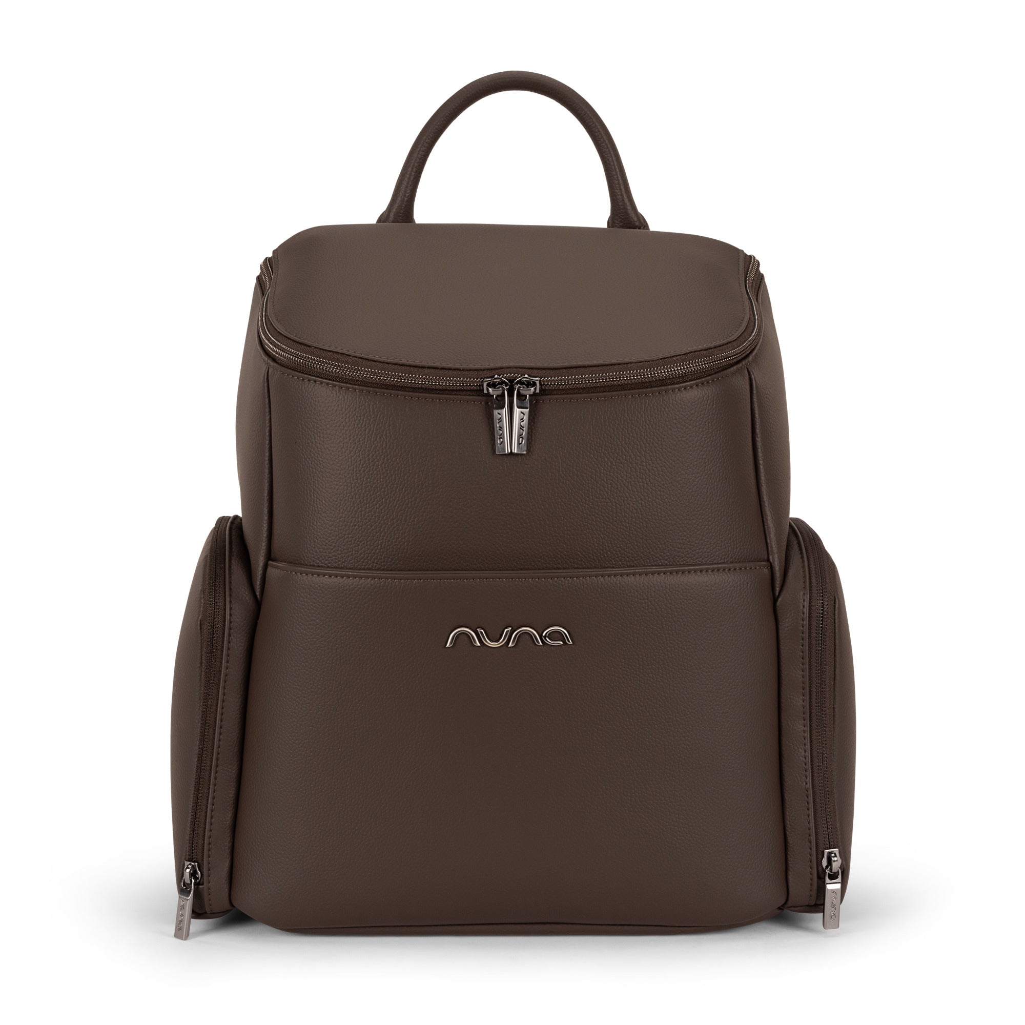 Cocoa Leatherette Nuna BMW Essential Diaper Bag Backpack - Front View | Bambi Baby