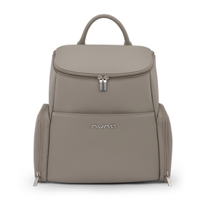 Taupe Leatherette Nuna Essential Diaper Bag Backpack - Front View | Bambi Baby