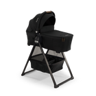 Caviar Black Nuna SWIV TRIV Series Bassinet Stand - Angled Product View with Under-Storage | Bambi Baby