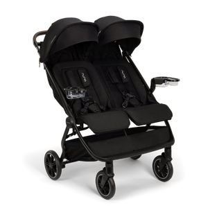 Black Nuna TRVL dubl Double Stroller with Snack Trays - Front Angle View | Bambi Baby