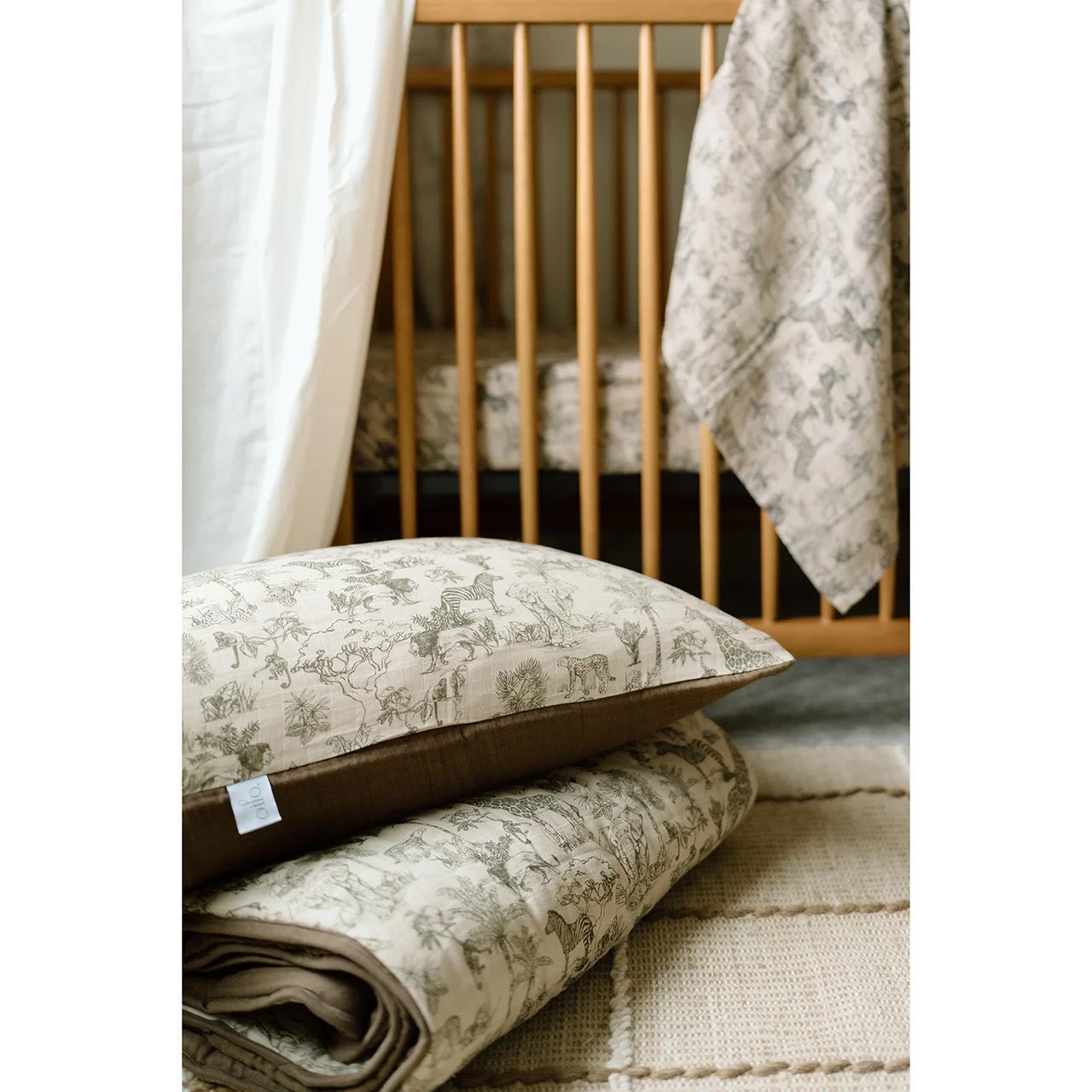 Oilo Fable Blanket- Quilt- Vintage Safari & Bark Organic Muslin 45 X 60"- Bambi Baby