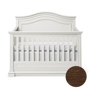 White Silva Jordan Convertible Crib with Nocello Wood Swatch - Front View | Bambi Baby