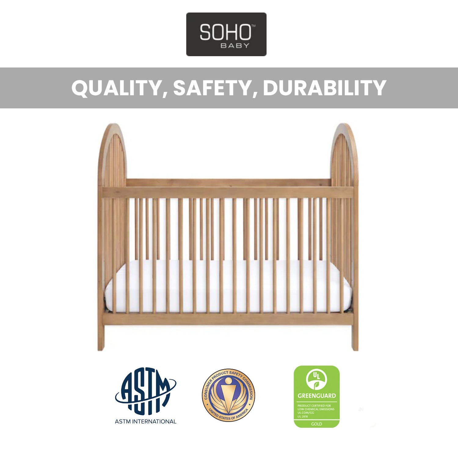 Soho Baby Everlee 3 in 1 Convertible Crib - Honey Wood- Bambi Baby
