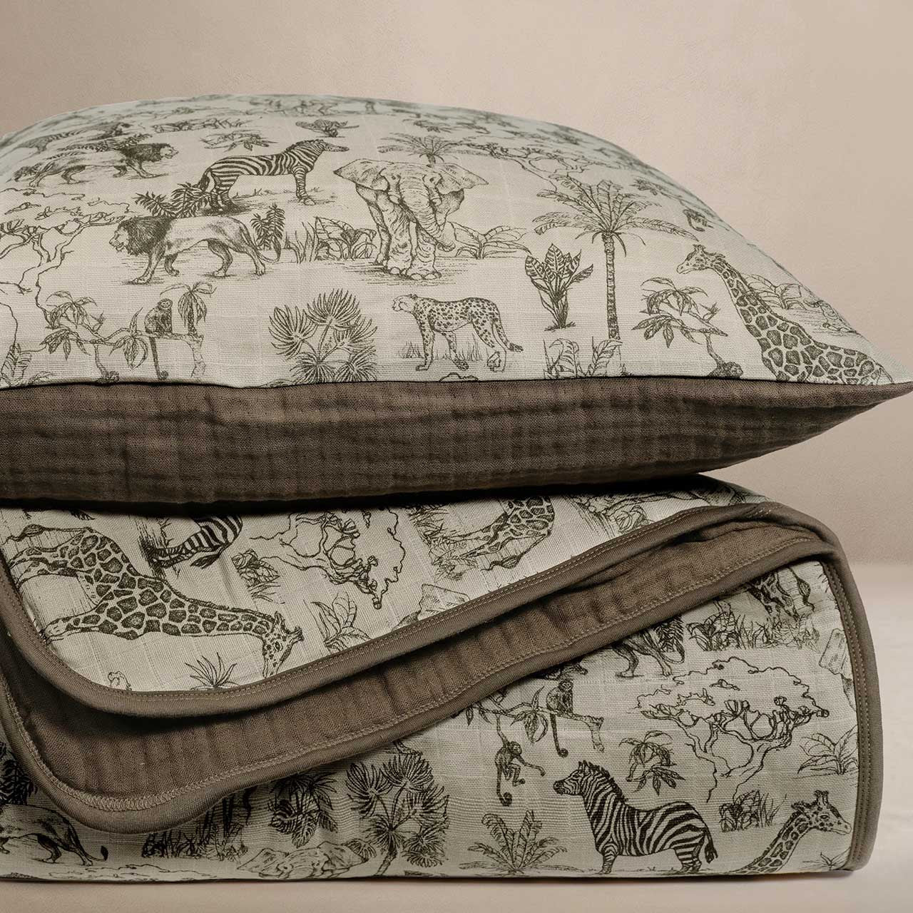 Oilo Fable Blanket- Quilt- Vintage Safari & Bark Organic Muslin 45 X 60"- Bambi Baby
