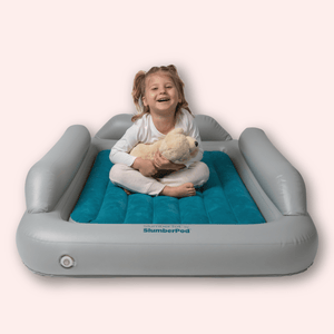 Teal SlumberTot Inflatable Toddler Bed with Child Playing - Front View | Bambi Baby