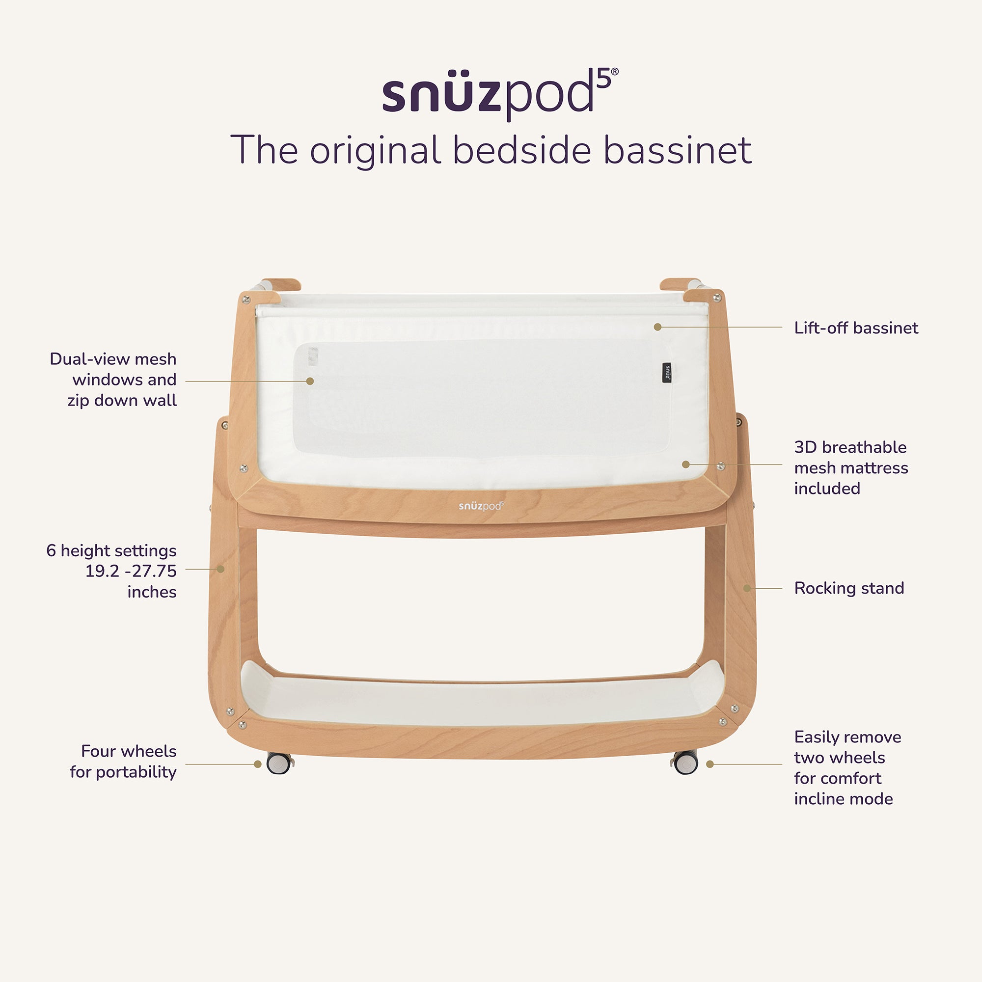 Snuz SnuzPod5 Bedside Bassinet - Cashmere- Bambi Baby