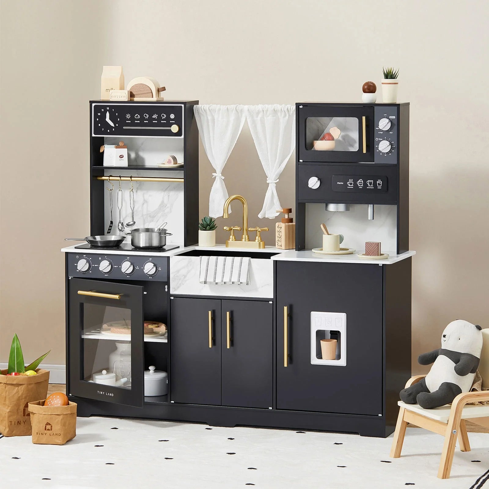 Tiny Land® Iconic Wooden Play Kitchen – Black Pretend Cooking Set for Kids- Bambi Baby