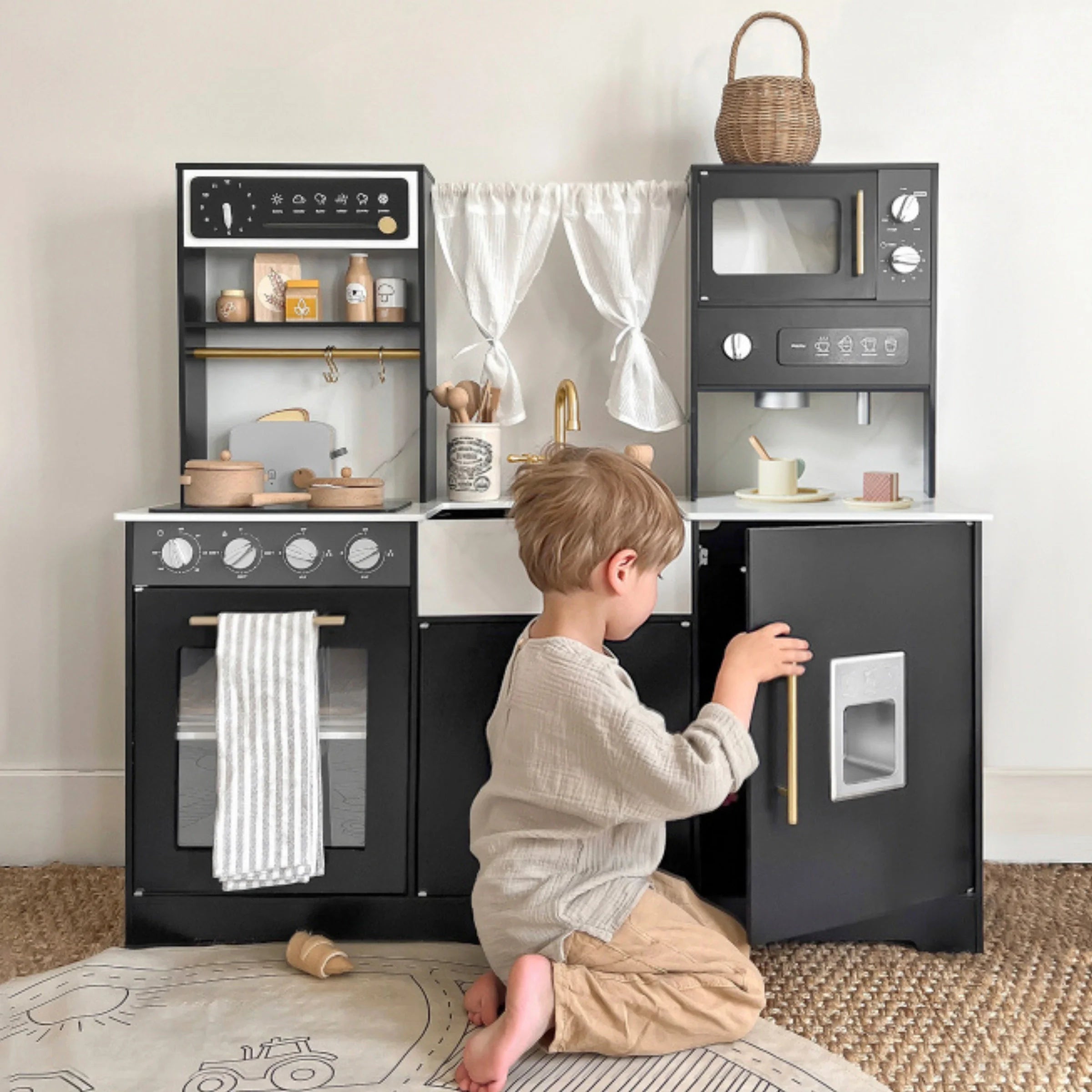 Tiny Land® Iconic Wooden Play Kitchen – Black Pretend Cooking Set for Kids- Bambi Baby