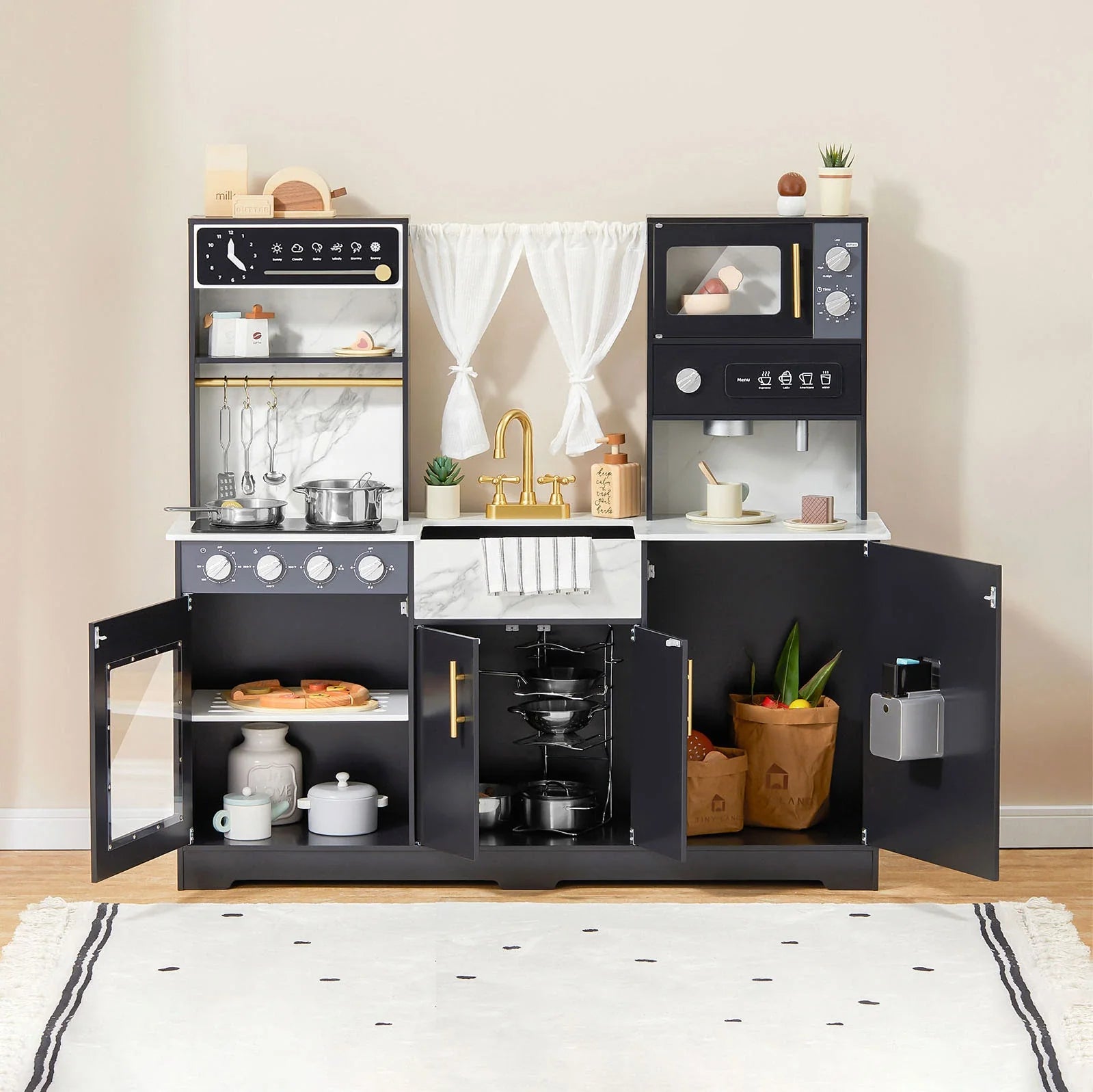 Tiny Land® Iconic Wooden Play Kitchen – Black Pretend Cooking Set for Kids- Bambi Baby