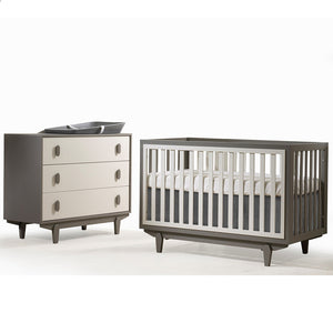 Taupe Latte Tulip Tate Convertible Crib and 3 Drawer Dresser Set - Angled View | Bambi Baby