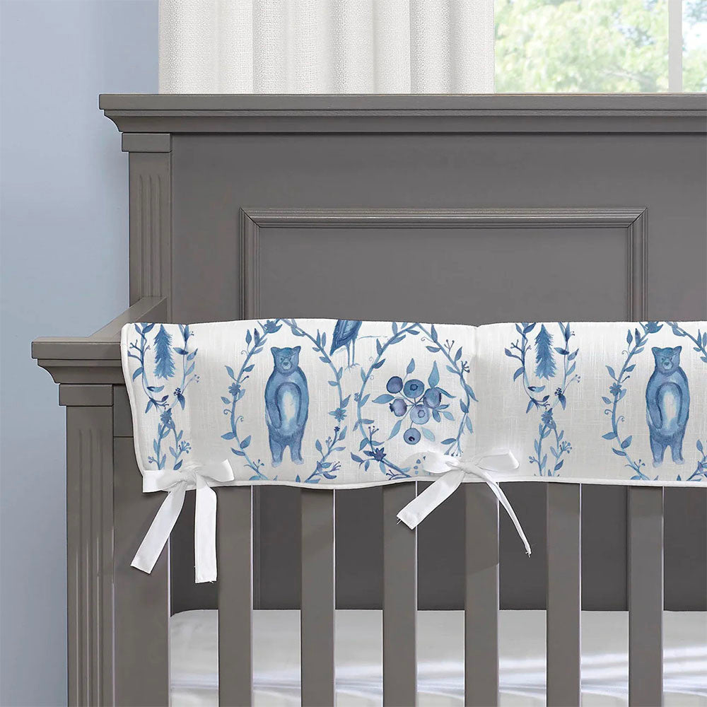 Liz and Roo Blue-Beary Toile Crib Rail Cover with White Fabric Ties- Bambi Baby