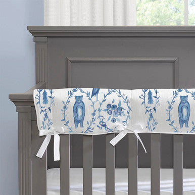 Liz and Roo Blue-Beary Toile Crib Rail Cover with White Fabric Ties- Bambi Baby
