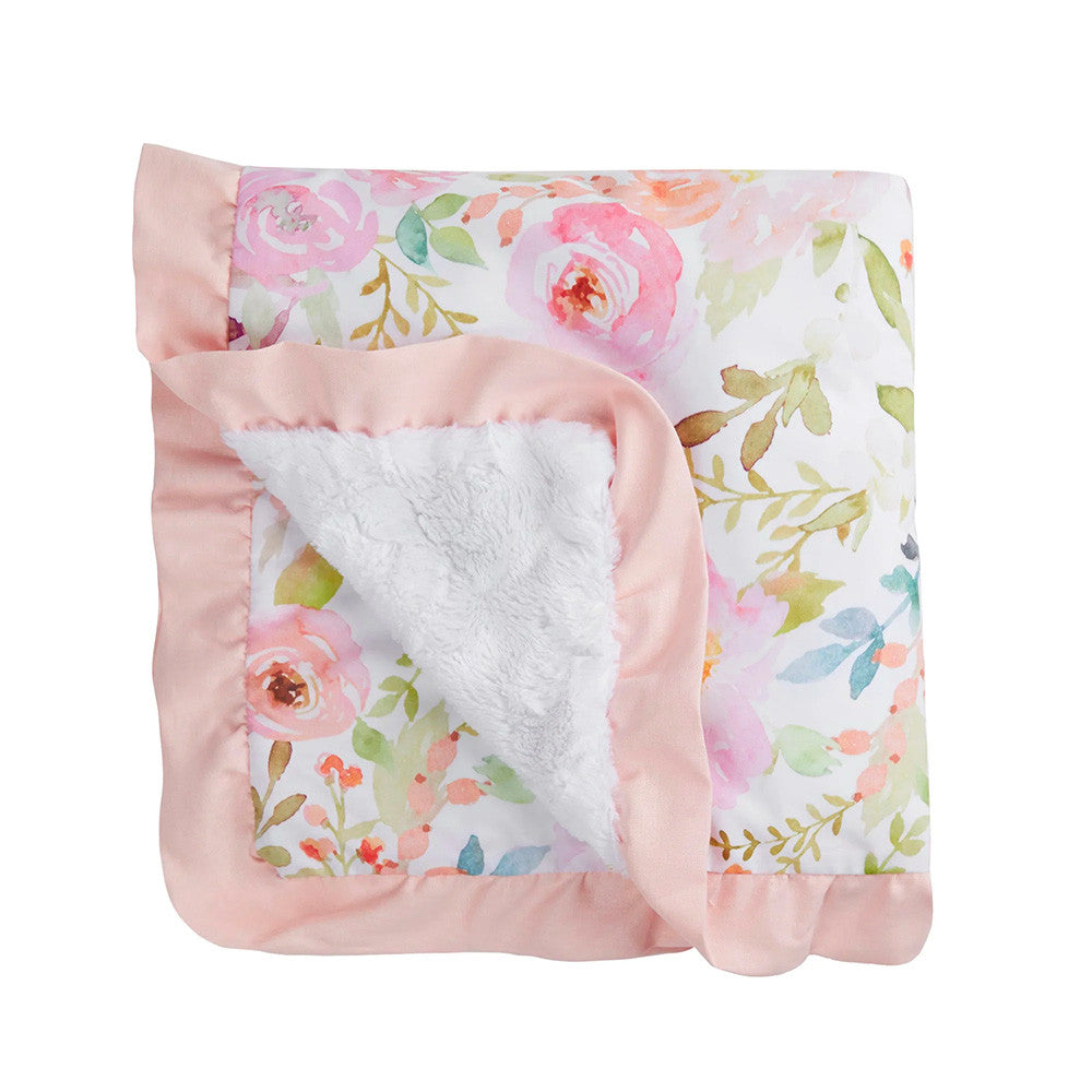 Liz and Roo Blush Watercolor Floral Minky Receiving Blanket with Petal Pink Ruffle- Bambi Baby