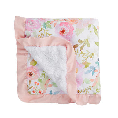Liz and Roo Blush Watercolor Floral Minky Receiving Blanket with Petal Pink Ruffle- Bambi Baby