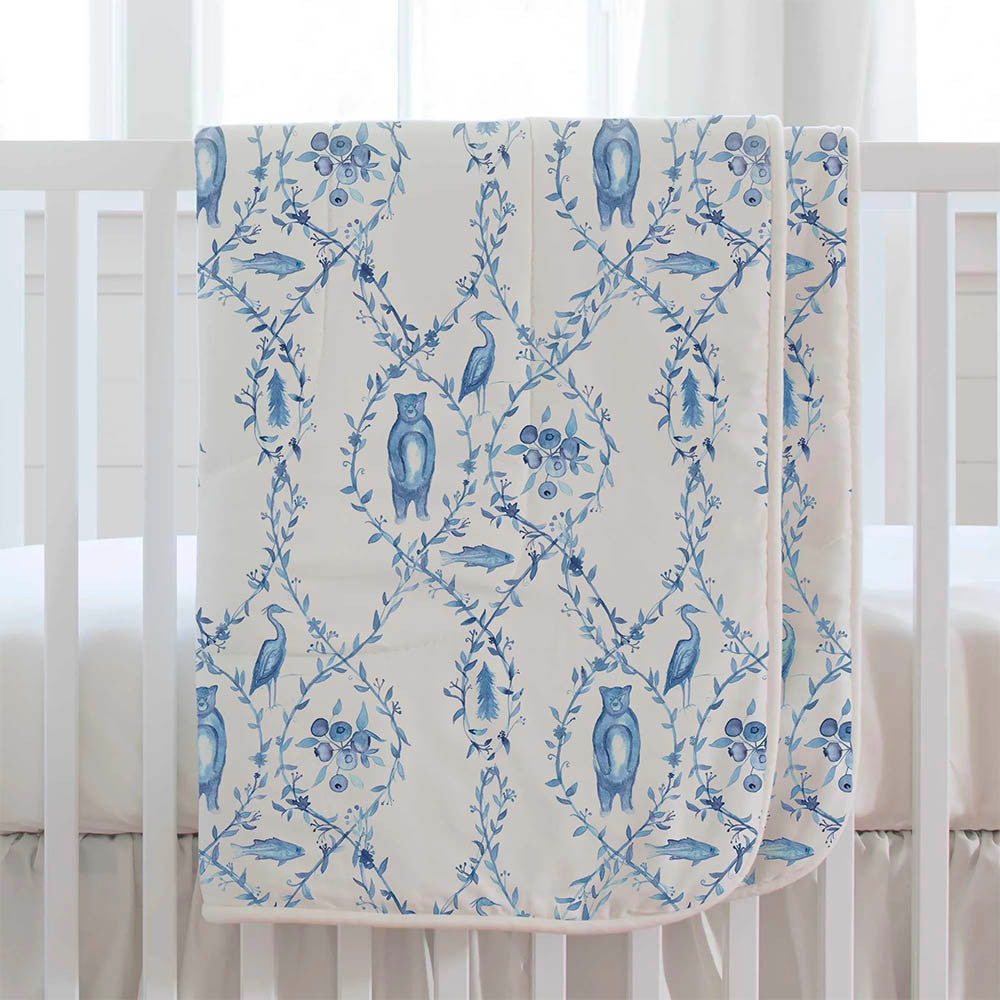 Liz and Roo Blue-Beary Toile Faux Fur Blanket (reverses to white faux fur)- Bambi Baby
