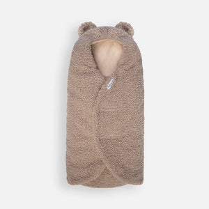 Beige Teddy Fleece 7AM Enfant Nido Baby Wrap with Bear Ears - Flat Lay | Bambi Baby