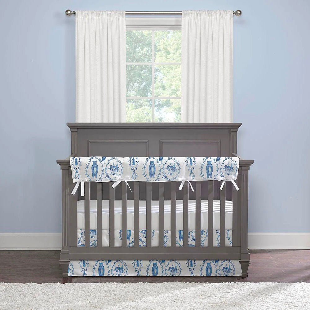 Liz and Roo Blue-Beary Toile Crib Rail Cover with White Fabric Ties- Bambi Baby