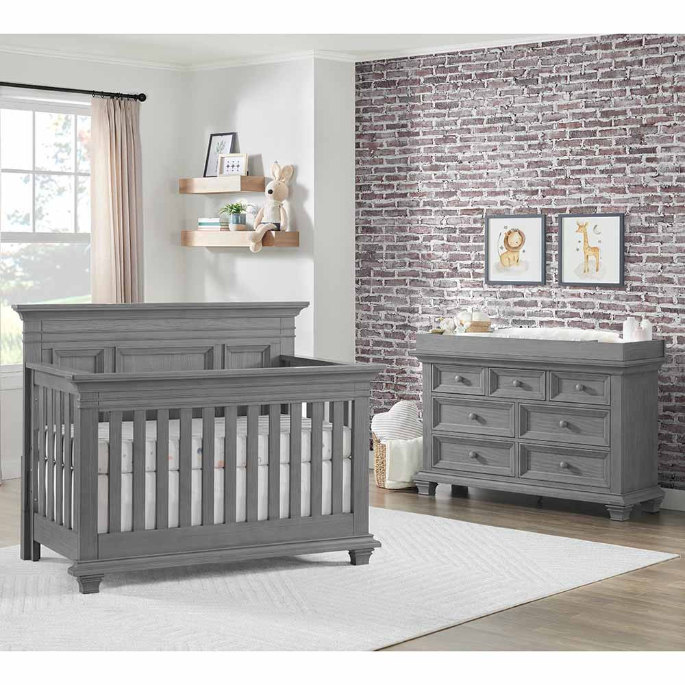 Oxford Weston 2 Piece Nursery Set - Convertible Crib + & 7 Drawer Dresser in Dusk Gray- Bambi Baby