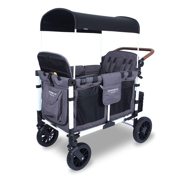 Wonderfold W4 LUXE Quad Stroller Wagon in Charcoal Gray with White Frame- Bambi Baby
