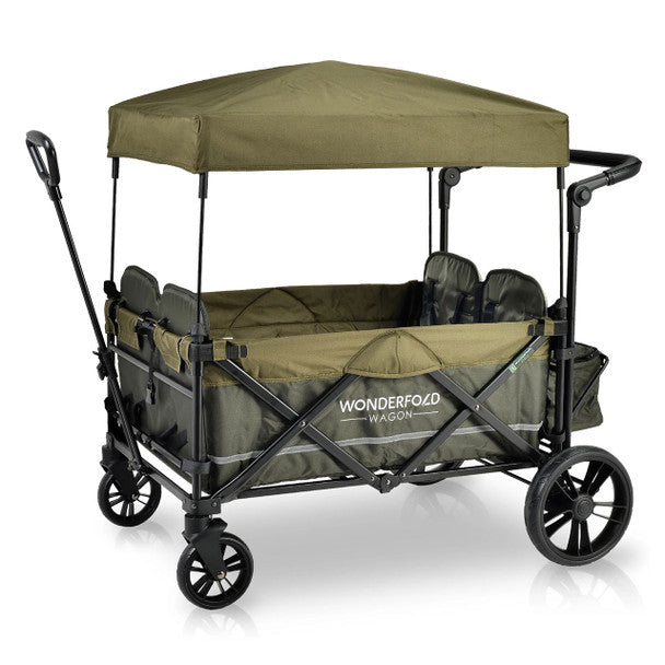 Wonderfold X4 Push &amp; Pull Quad Stroller Wagon com fivelas magnéticas automatizadas em Woodland Green- Bambi Baby