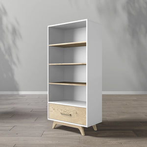 White & Natural Wood Romina Uptown Bookcase with Drawer - Side Angle | Bambi Baby