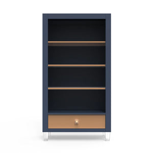 Navy Solid Hardwood Nursery Bookcase with Cappuccino Accent Drawer - Front View | Bambi Baby
