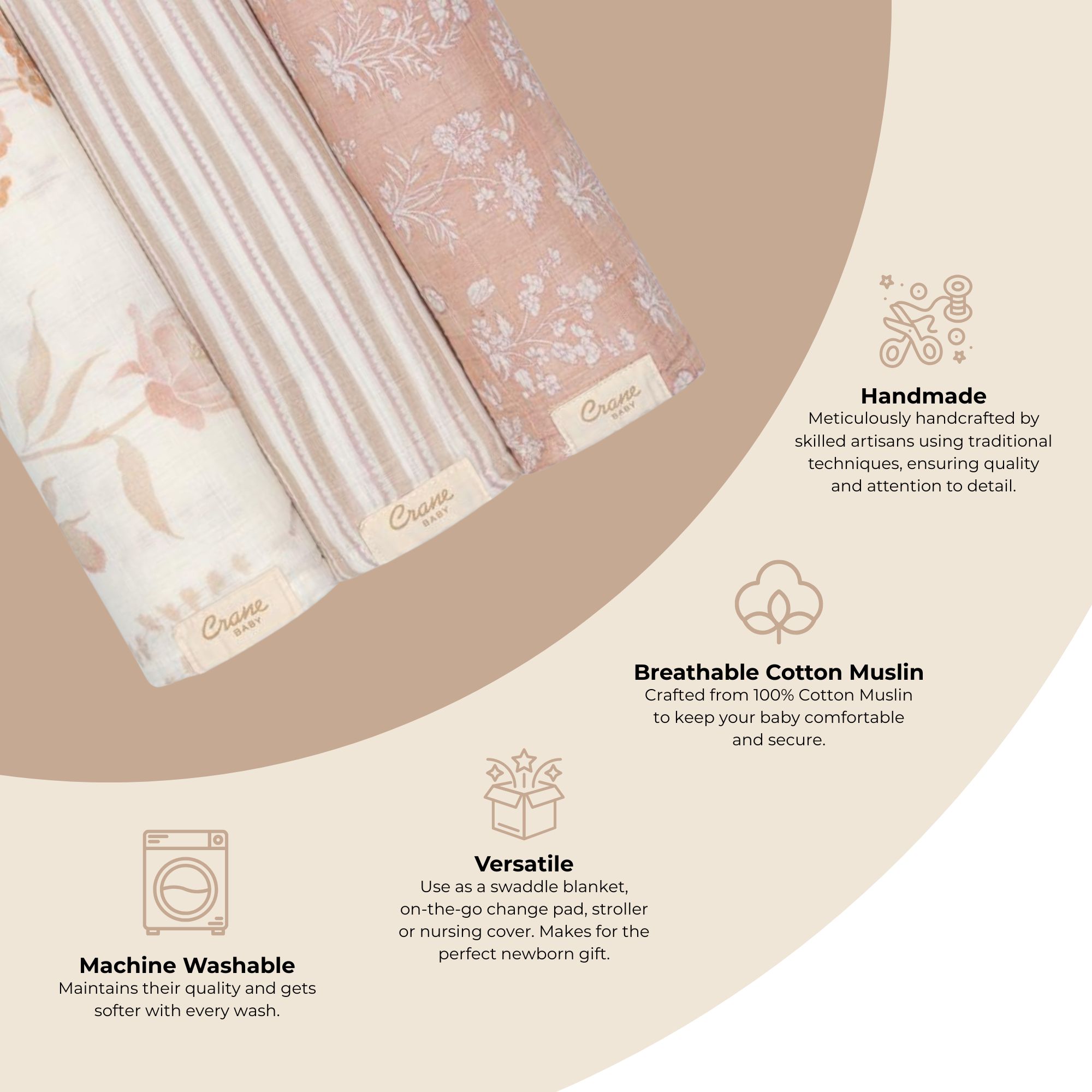 Crane Baby Violet Floral 100% Cotton Muslin Swaddle Blankets (Set of 3)- Bambi Baby
