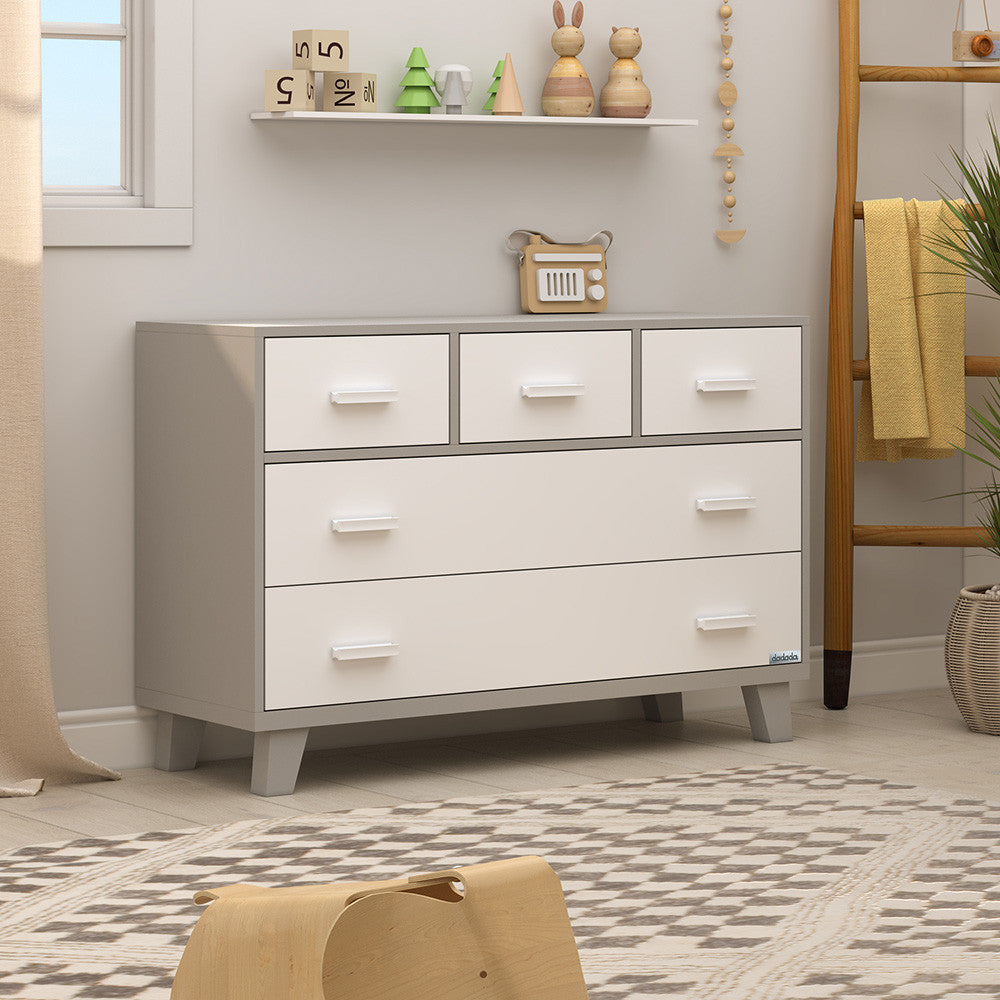 Dadada Boston Collection RTA 5 Drawer Dresser in White and Gray- Bambi Baby