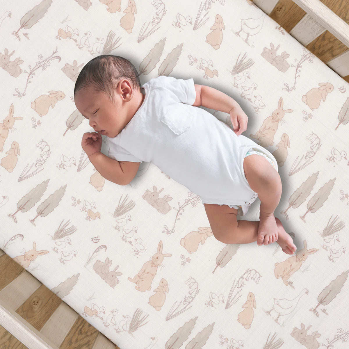 Lambs & Ivy Signature Bunny Hop Organic Cotton Muslin Baby Fitted Crib Sheet- Bambi Baby